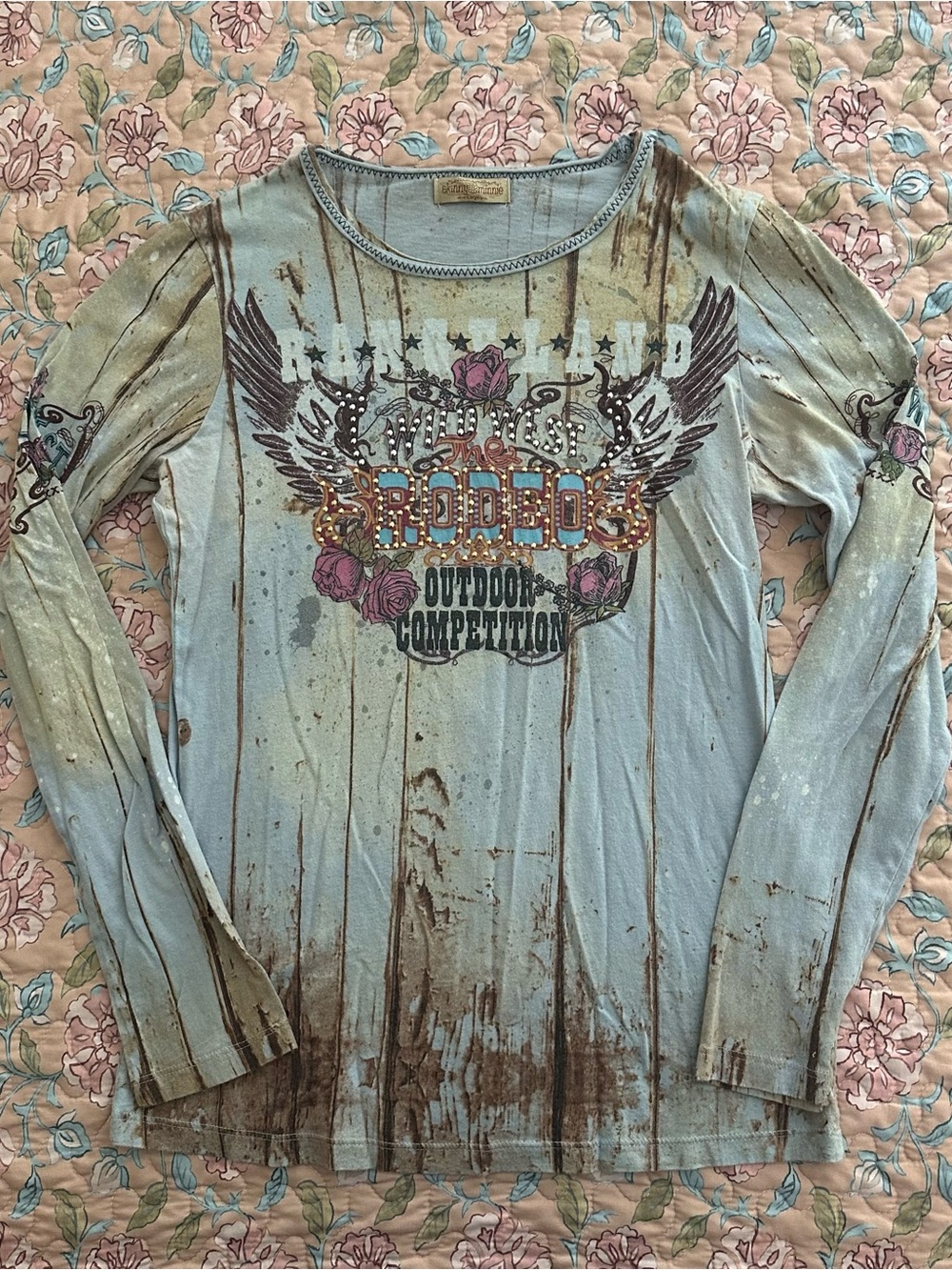 Skinny Minnie Y2K Blue Wild West Rodeo Graphic Rhinestone Long-Sleeve Tee